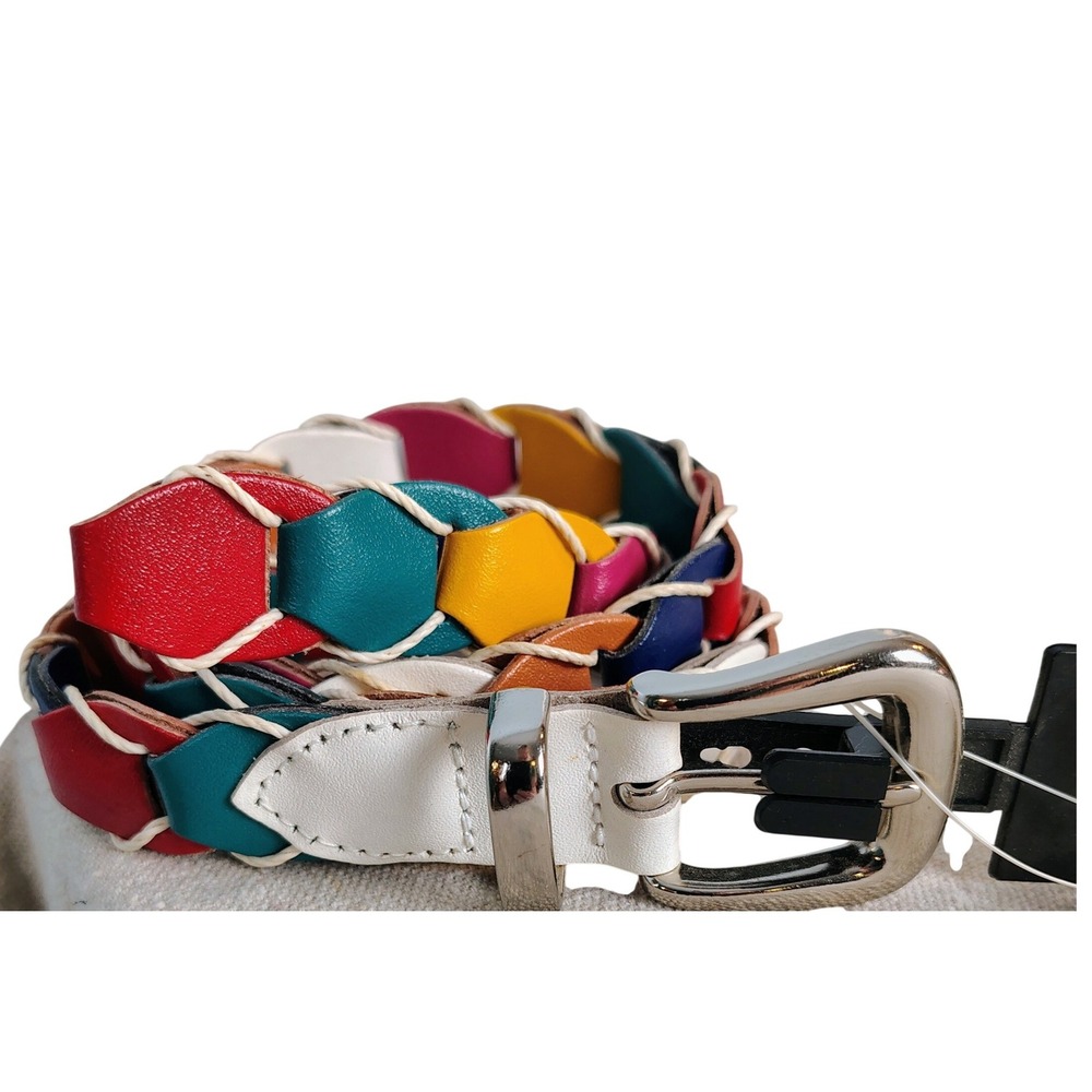 NWT Womens L Braided Scalloped Link Belt Multicolor Bonded Leather Kidcore Retro